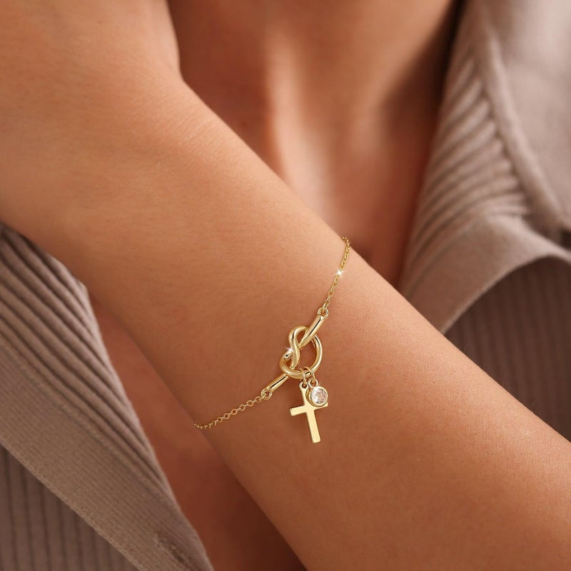 Moodear Valentines Day Gifts for Her, Dainty 925 Sterling Silver/14k Gold Plated CZ Cross Bracelet Layered Snake Pearl Chain Knot Bracelets for Women Trendy Religious Christian Jewelry - Image 2